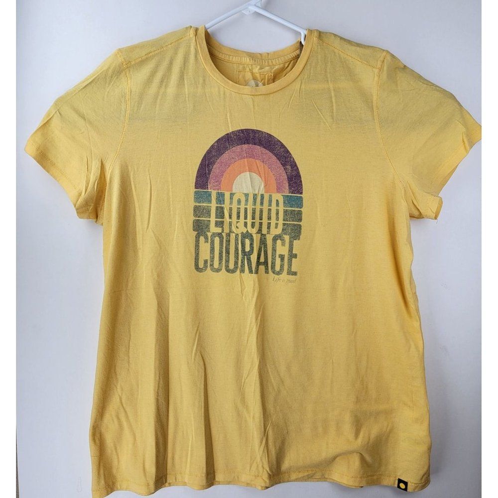 Life is Good Womens XXL Yellow Classic Fit "Liquid Courage" Crew Neck Cool Tshir